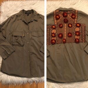 Zara TRF Boho Beaded Embroidered 3D Flower Olive Military Shirt Jacket size S